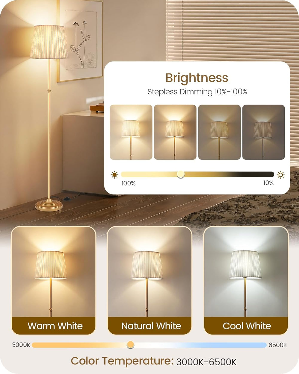Dimmable Floor Lamp for Living Room, 68" Tall Standing Lamp, Reading Lig...