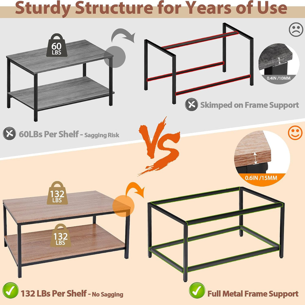 SUPER DEAL 2-Tier Industrial Coffee Table with Storage Shelf for Small Apartm...