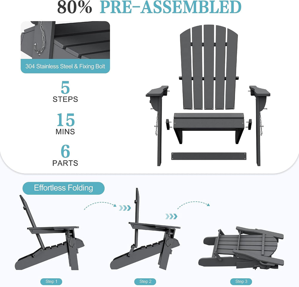 Shintenchi Folding Adirondack Chair,HDPE All-Weather Patio Chair with Cup Hol...