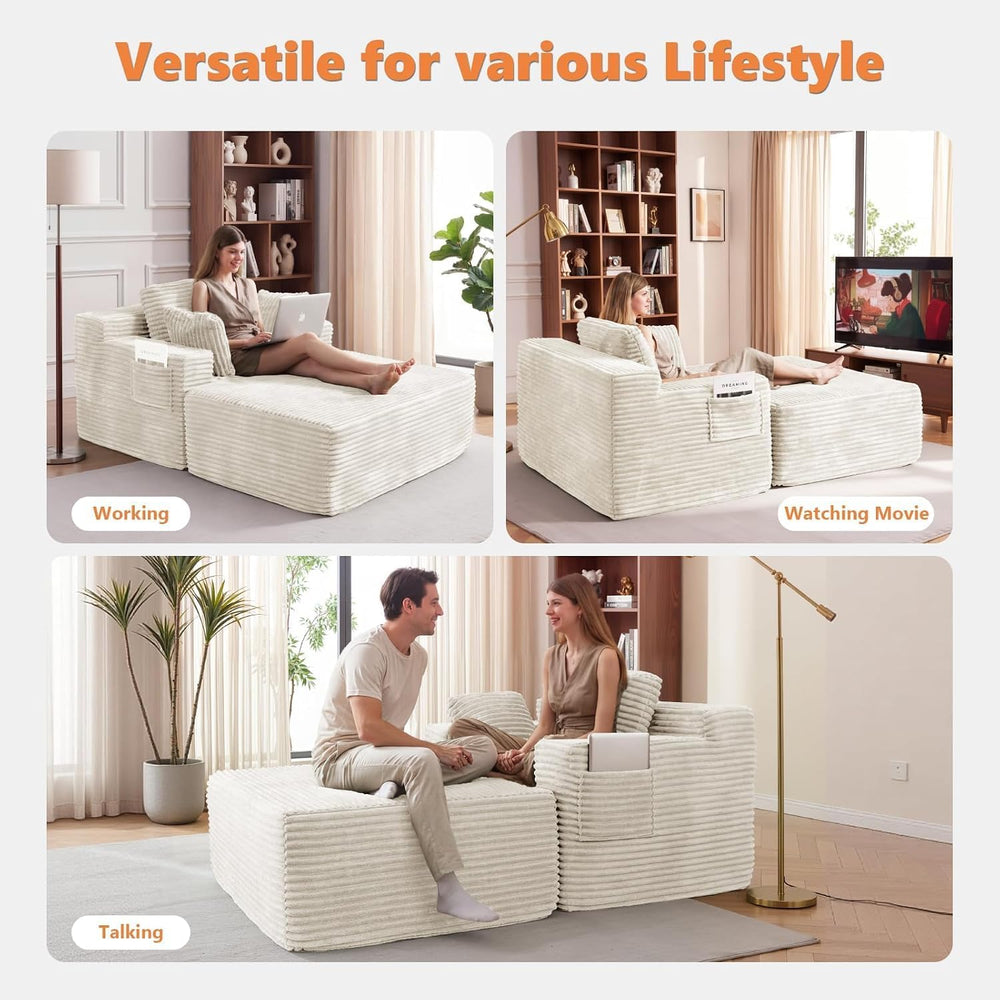Boneless Chair, 82" Oversized Chaise Lounge with Ottoman, White