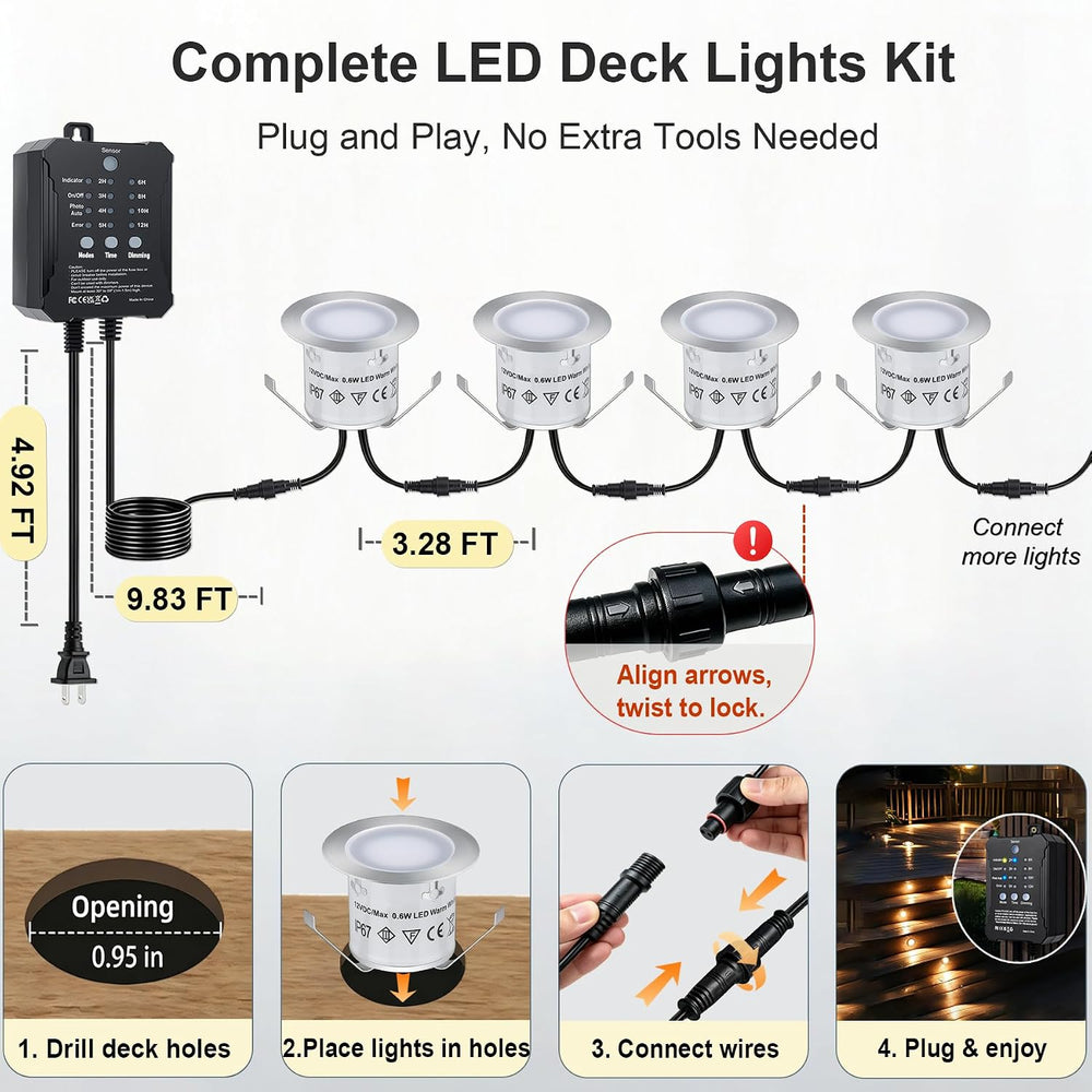 Dimmable LED Deck Lights with Timer and Photocell Sensor, 20 Pack Recessed De...