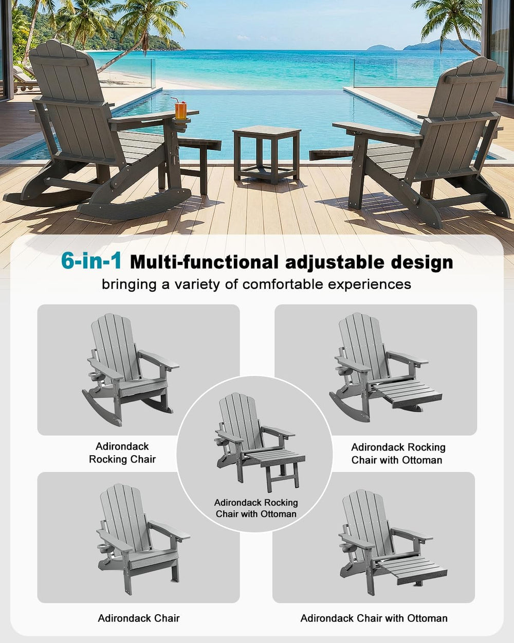 Folding Adirondack Rocking Chair with Retractable Ottoman for Patio, Porch