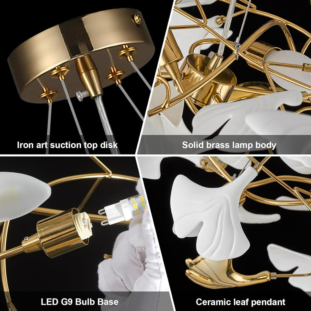 59 Inch White Rectangle Chandelier Gold Ceramic Ginkgo Leaf Chandeliers Brass...