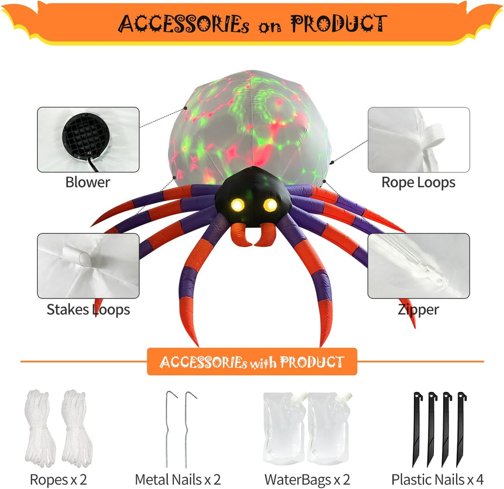 DomKom 8FT Halloween Inflatable Decorations Spider, Build-in Magic LED Lights...
