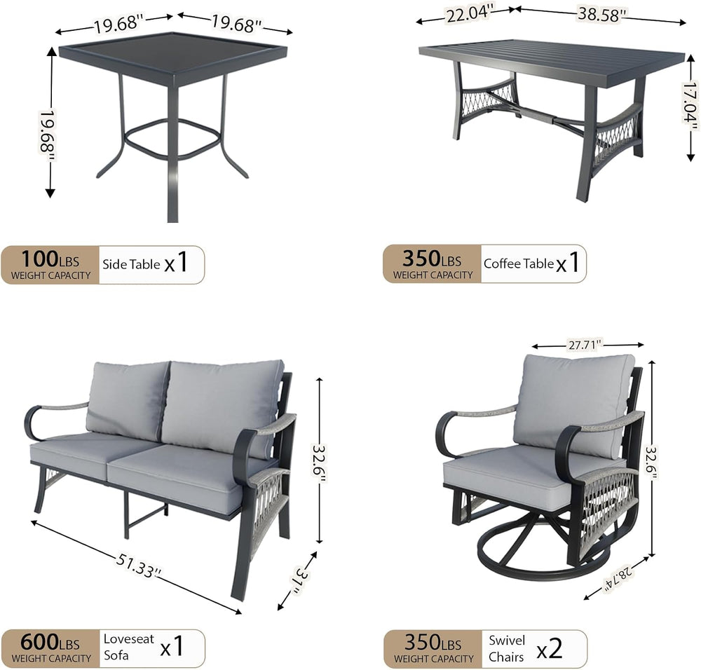 5 Pieces Patio Conversation Sets, All Weather Metal Outdoor Furniture Set Inc...