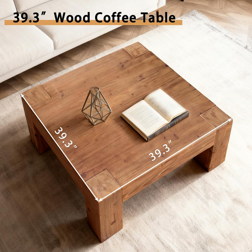 Rustic Wooden Coffee Table for Living Room, Big Square Coffee Table