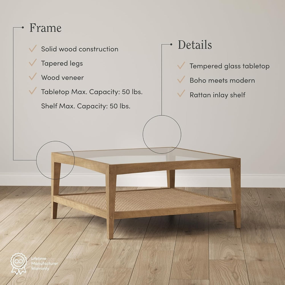 Nathan James Hayes Glass Top Coffee Table, Solid Wood Coffee Table with Glass...