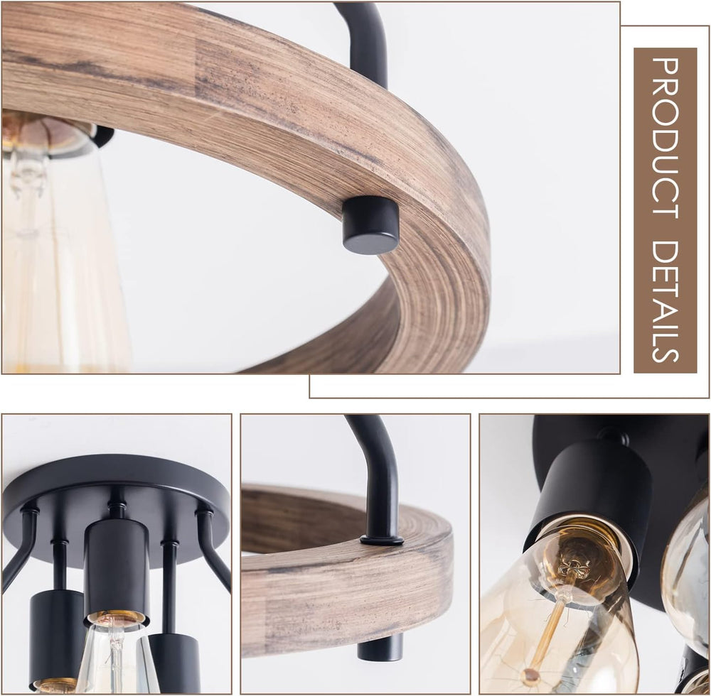 VILUXY Industrial Flush Mount Ceiling Light Fixture with Retro Wood Circle Sh...