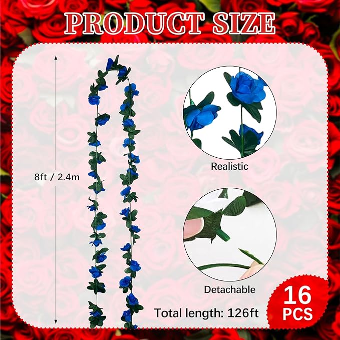 16Pcs 126Ft Royal Blue Rose Garland, Fake Rose Hanging Flowers, Artificial Fl...