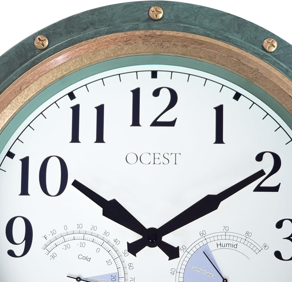 OCEST 16 Inch Waterproof Outdoor Wall Clock, Thermometer Hygrometer
