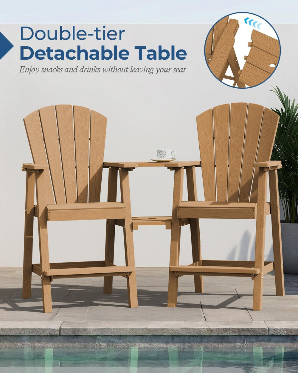 Ciokea Tall Adirondack Chairs Set of 2 with Connecting Trays, Teak