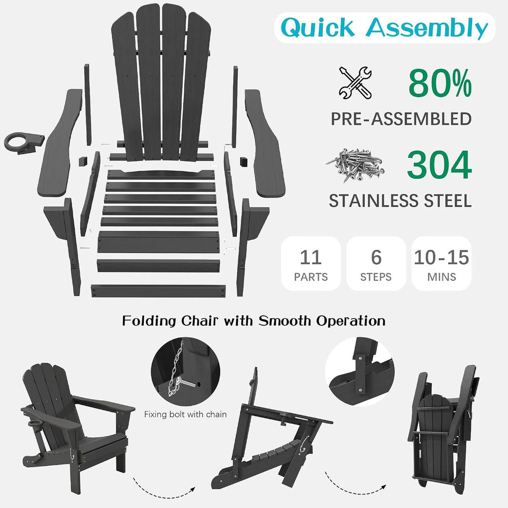 Domi Folding Adirondack Chair, HDPE All-Weather Adirondack Chairs with Cup Ho...