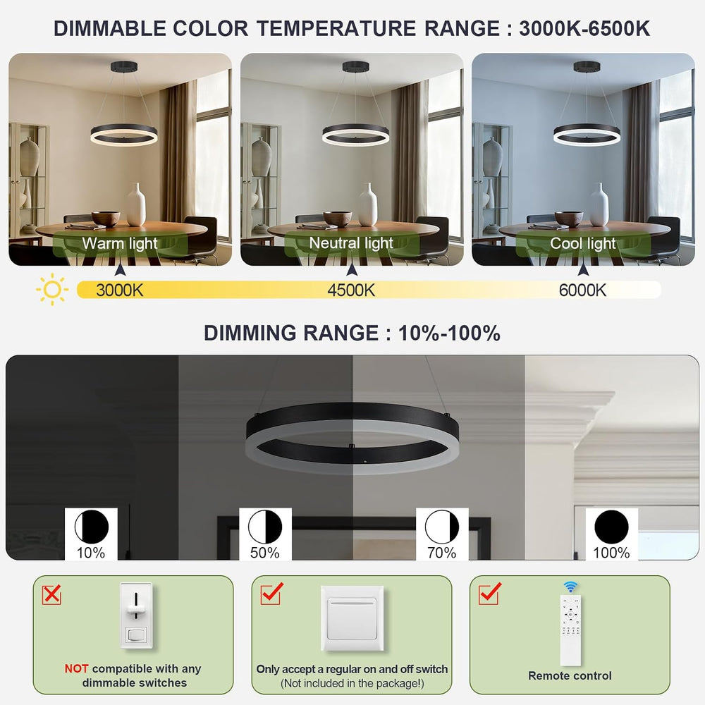 Benkut 1 Ring LED Chandelier Modern Black Pendant Light for Dining Room
