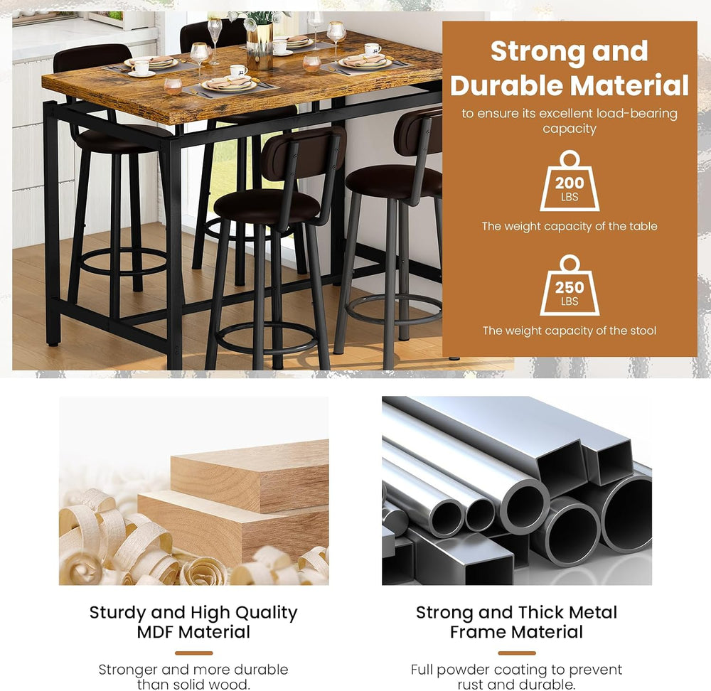 Recaceik Bar Table Set for 4 Bar Table and Chairs Set, Industrial Dinner Tabl...