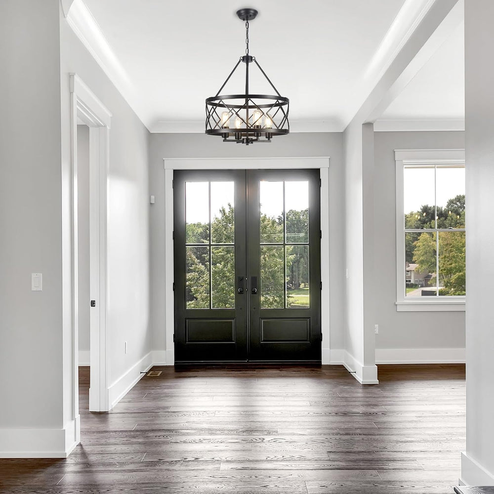 17.7" Black Farmhouse Chandelier, 4-Light Modern Drum Pendant Light Fixt...