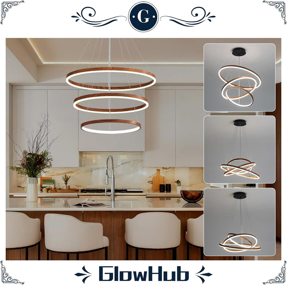 GlowHub 3-Ring Modern LED Chandelier, Wood Grain Round Dimmable Pendant Light...