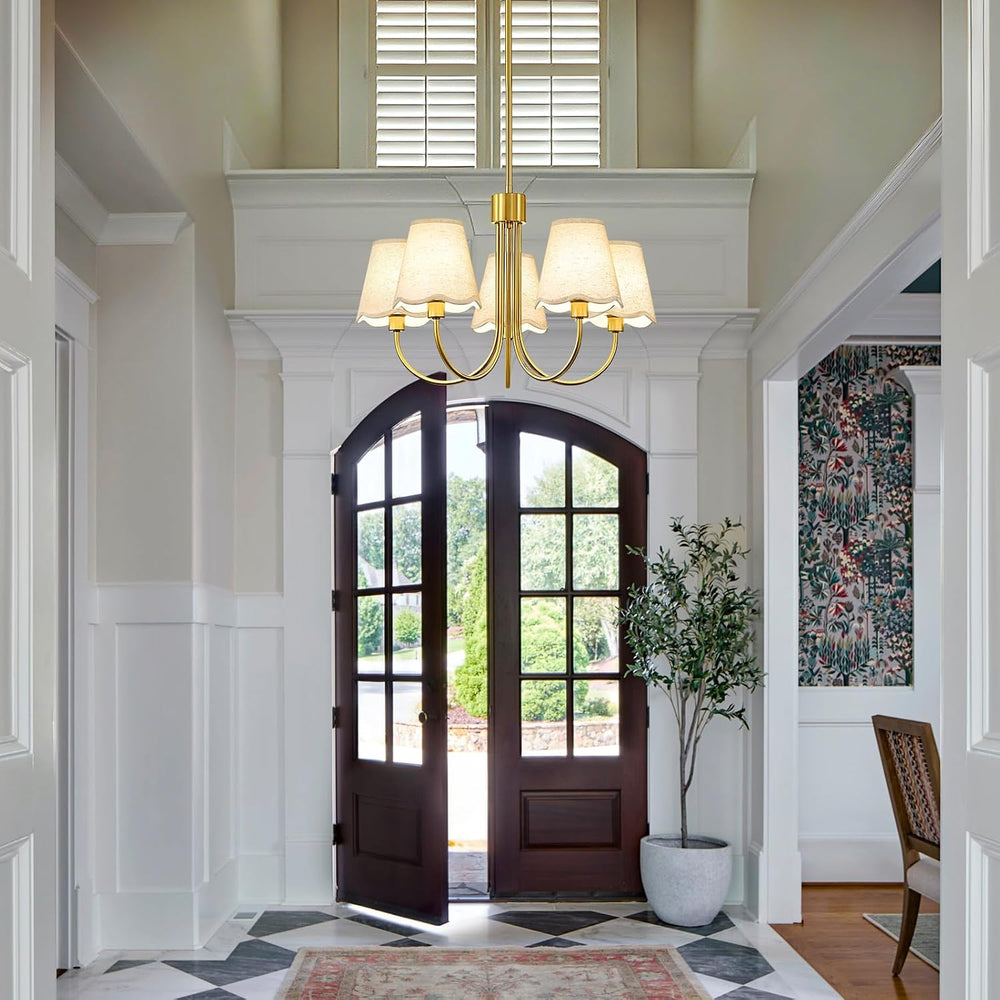 Modern Gold Chandelier 5-Light Dining Room Chandelier with Fabric Shades Kitc...