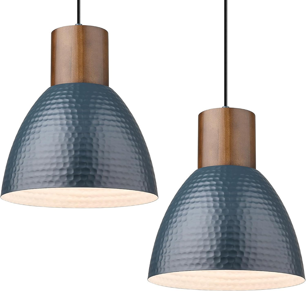 ELYONA 2 Pack Modern Hammered Pendant Lights 10.2” Blue Solid Wood Hanging La...