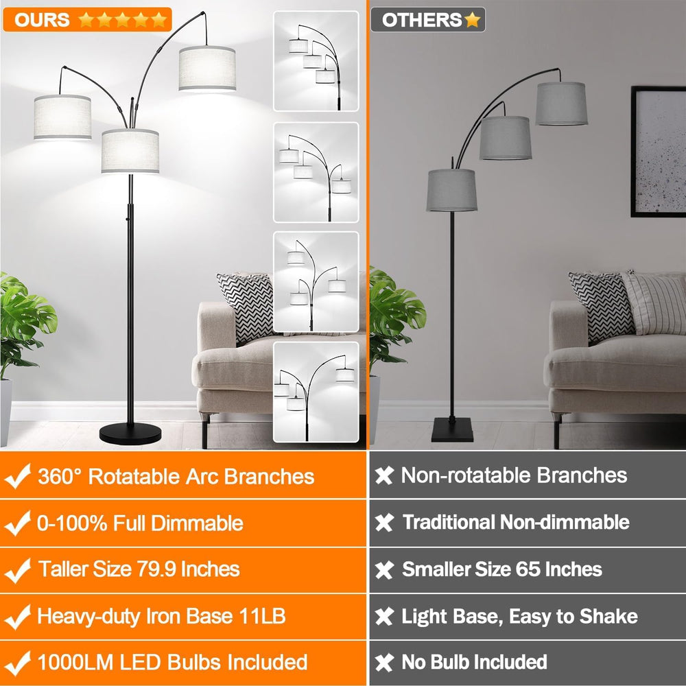 Dimmable Floor Lamp, 3 Lights Black Arc Floor Lamp, Modern Tall Standing Tree...
