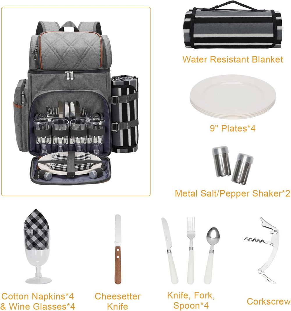 Picnic Backpack for 4, Insulated Cooler Bag with Blanket, Grey