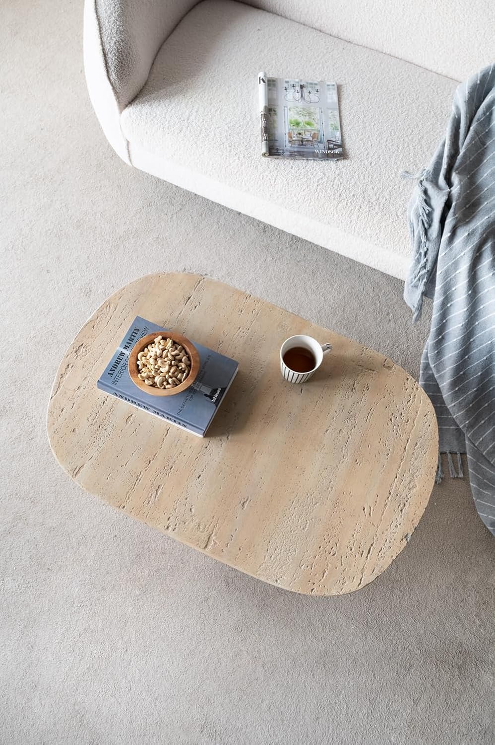WILLIAMSPACE 36" Oval Coffee Table, Modern Faux Stone Circle Center Tabl...