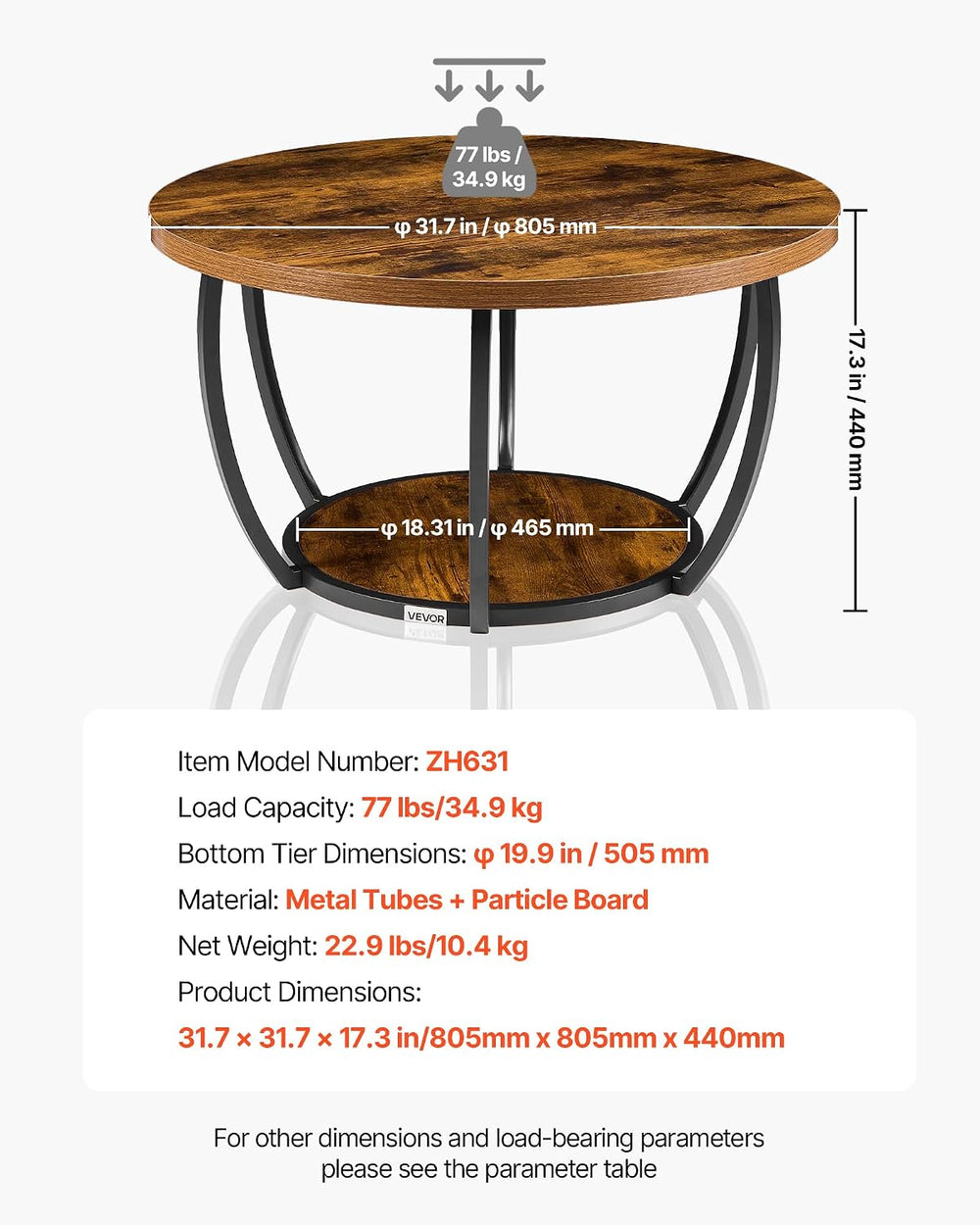 VEVOR Round Coffee Table, 31.5" Modern Coffee Table, 2 Tiers Wooden Circ...