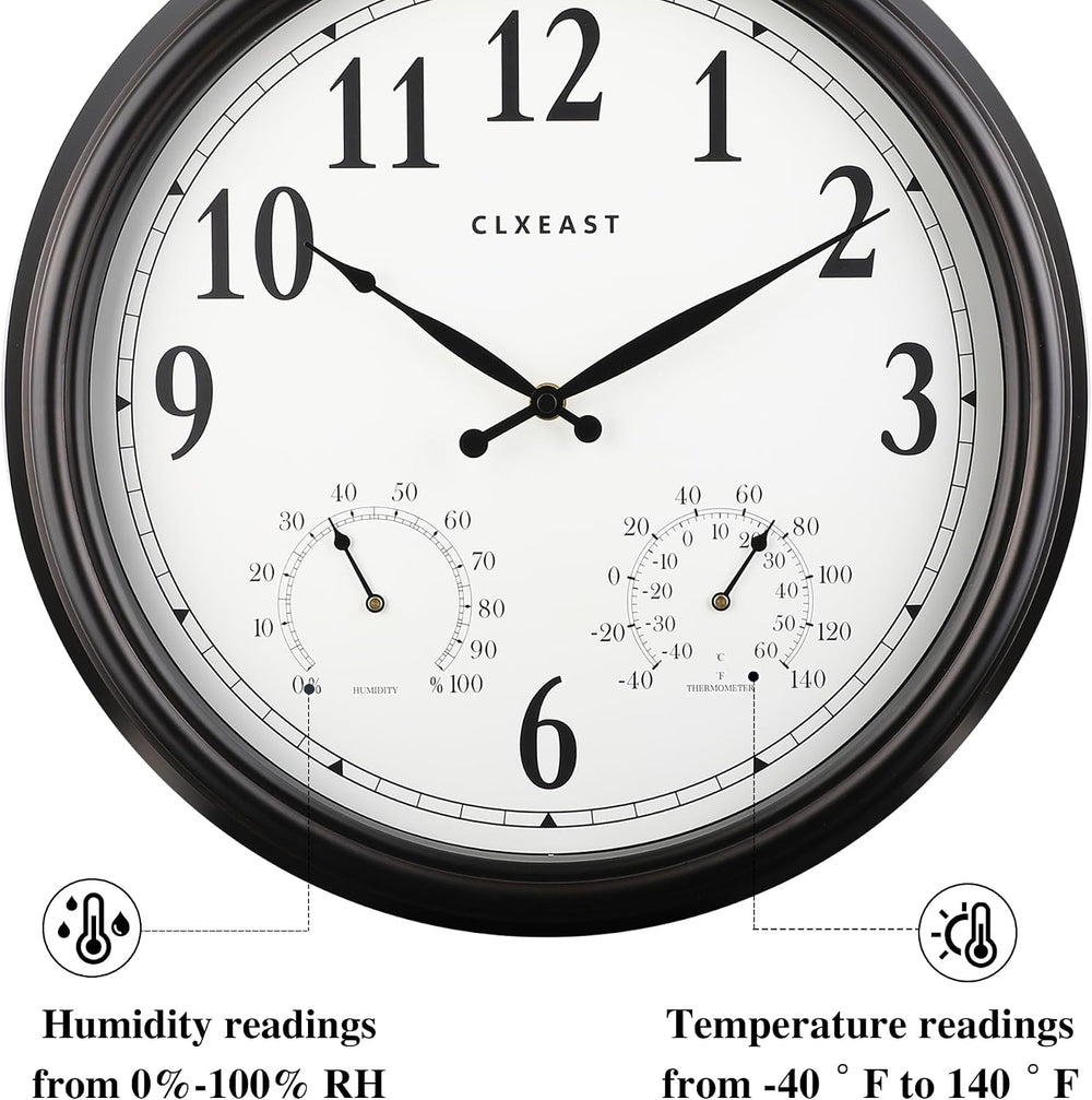 CLXEAST 18 Inch Outdoor Clocks for Patio Waterproof & UV Resistant, Black
