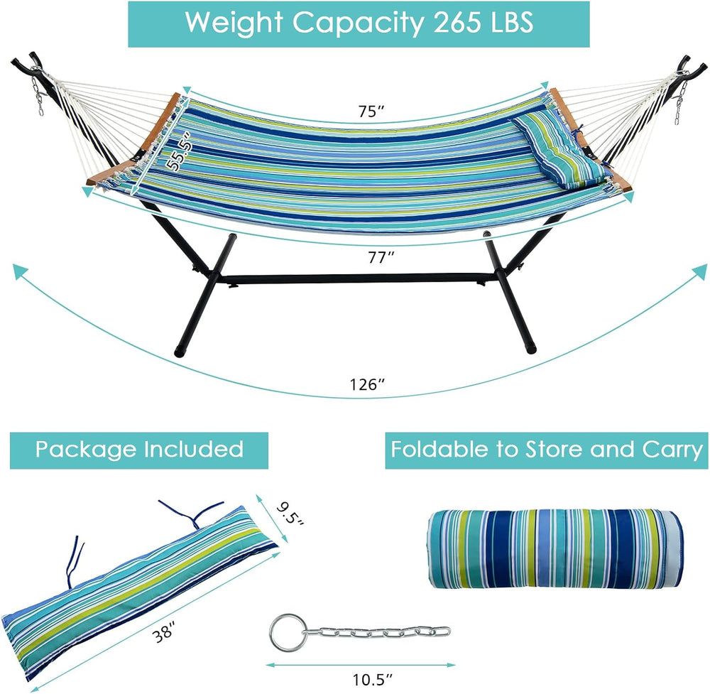 Tangkula 10.5FT Heavy Duty Double Hammock w/Detachable Pillow (Blue+Green)