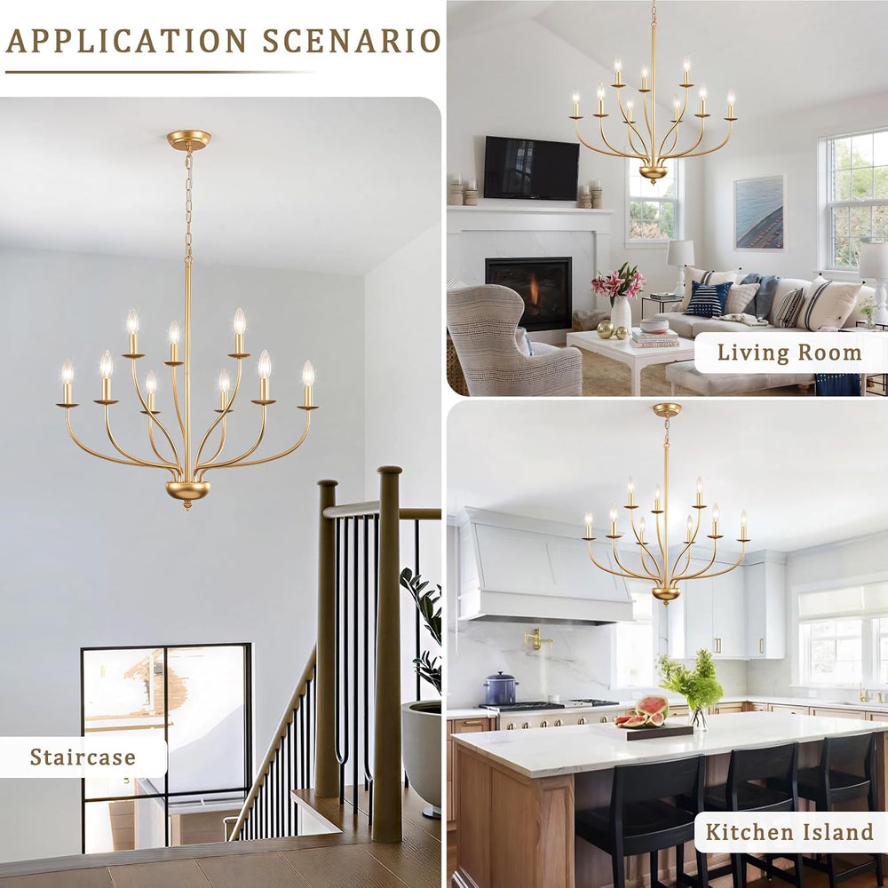 9-Light Gold Chandelier for Dining Room Light Fixtures, Mid Century Modern Fa...
