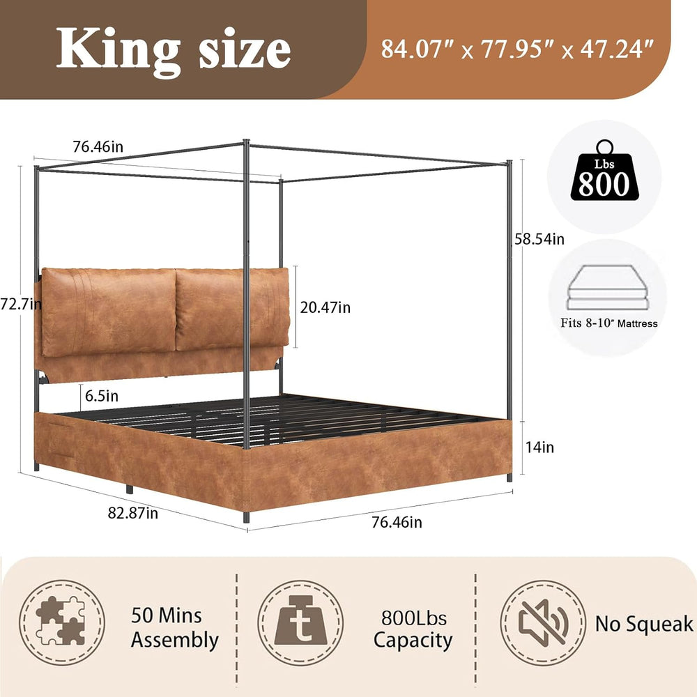 King Canopy Bed Frame with Tall Upholstered Faux Leather Headboard