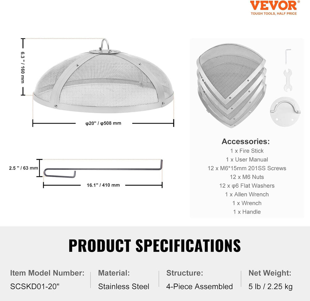 VEVOR Fire Pit Spark Screen Round 20", Reinforced Heavy Duty Steel Metal...