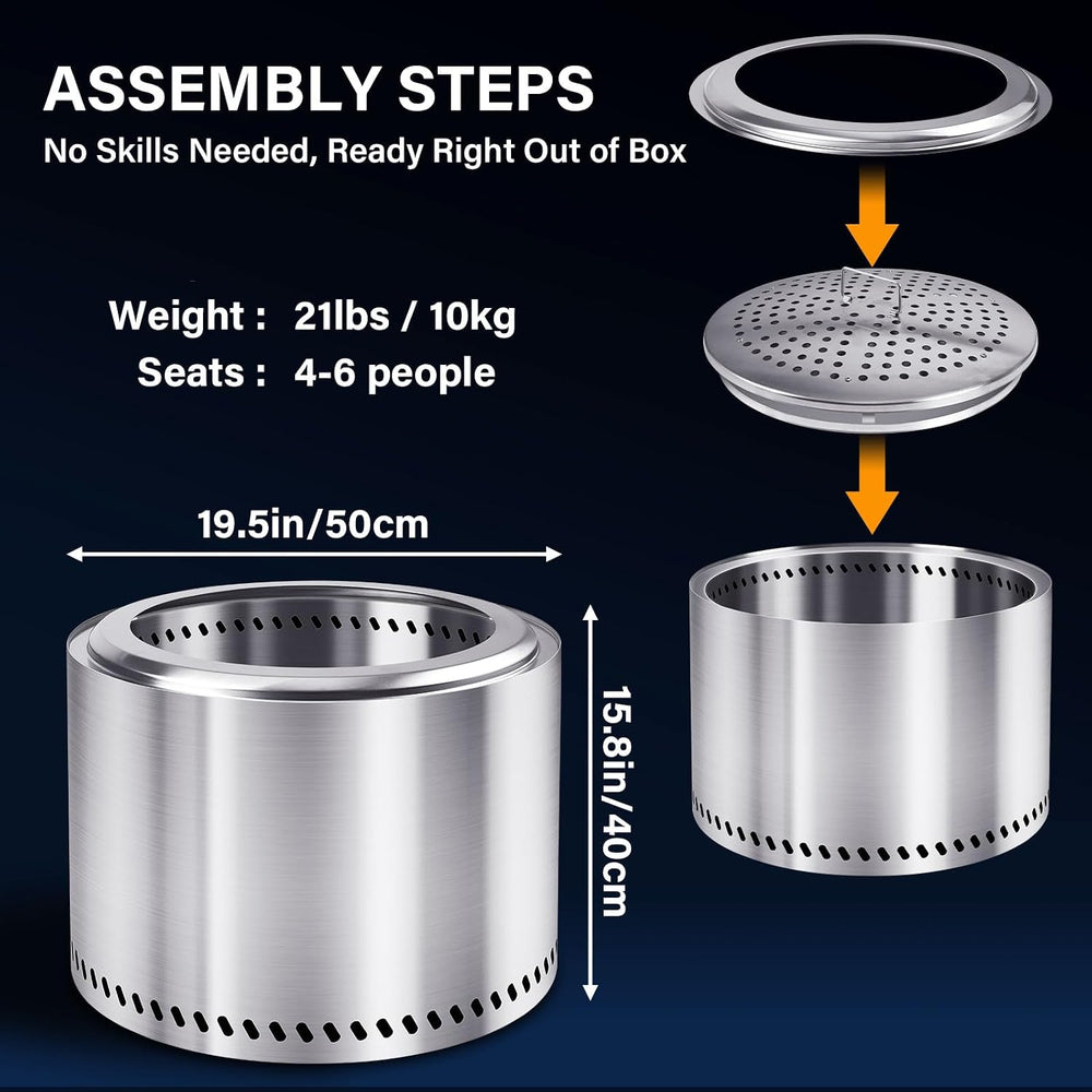 HGD 19.5" Smokeless Fire Pit Outdoor, Stainless Steel Wood Burning Firep...