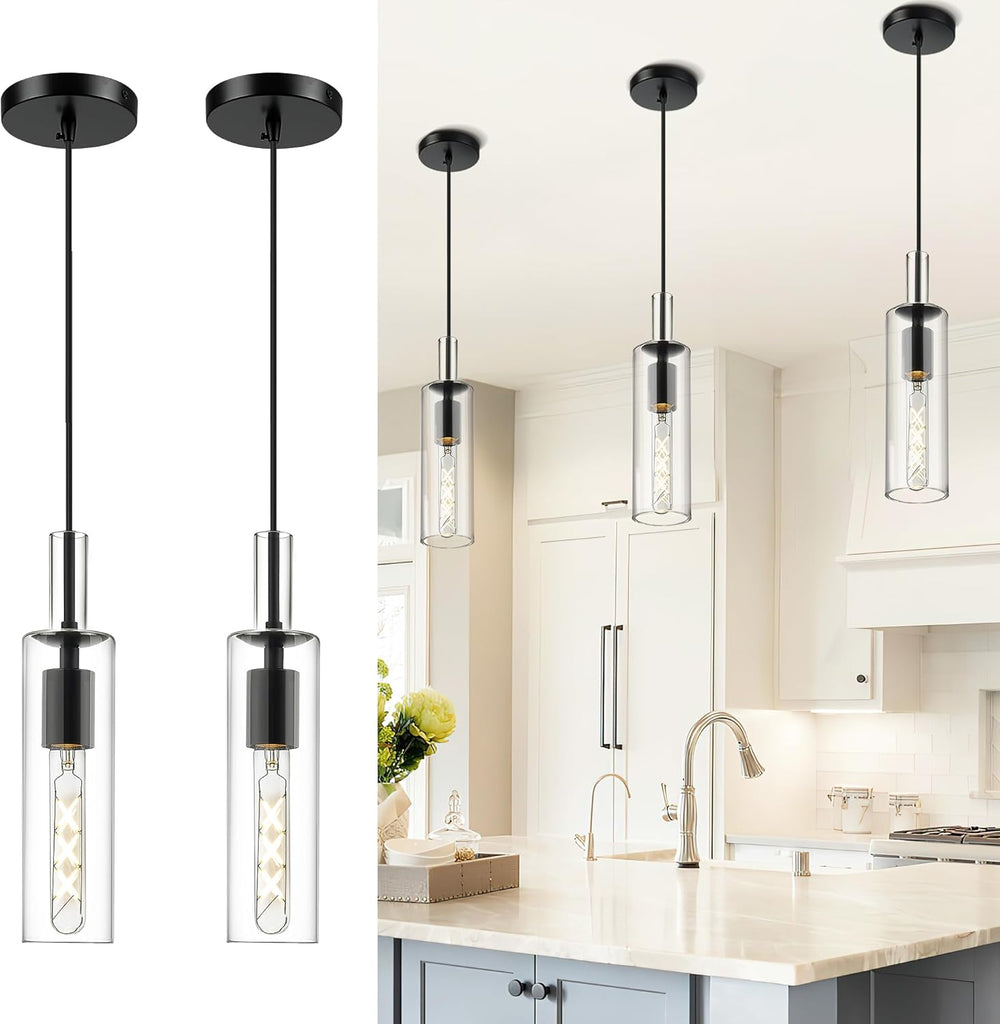 AUTELO 2 Pack Matte Black Pendant Lights Kitchen Island with Clear Glass