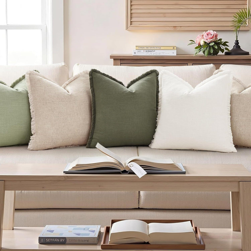 decorUhome Linen Fringe Natural Beige Throw Pillow Covers 22x22 Set of 2