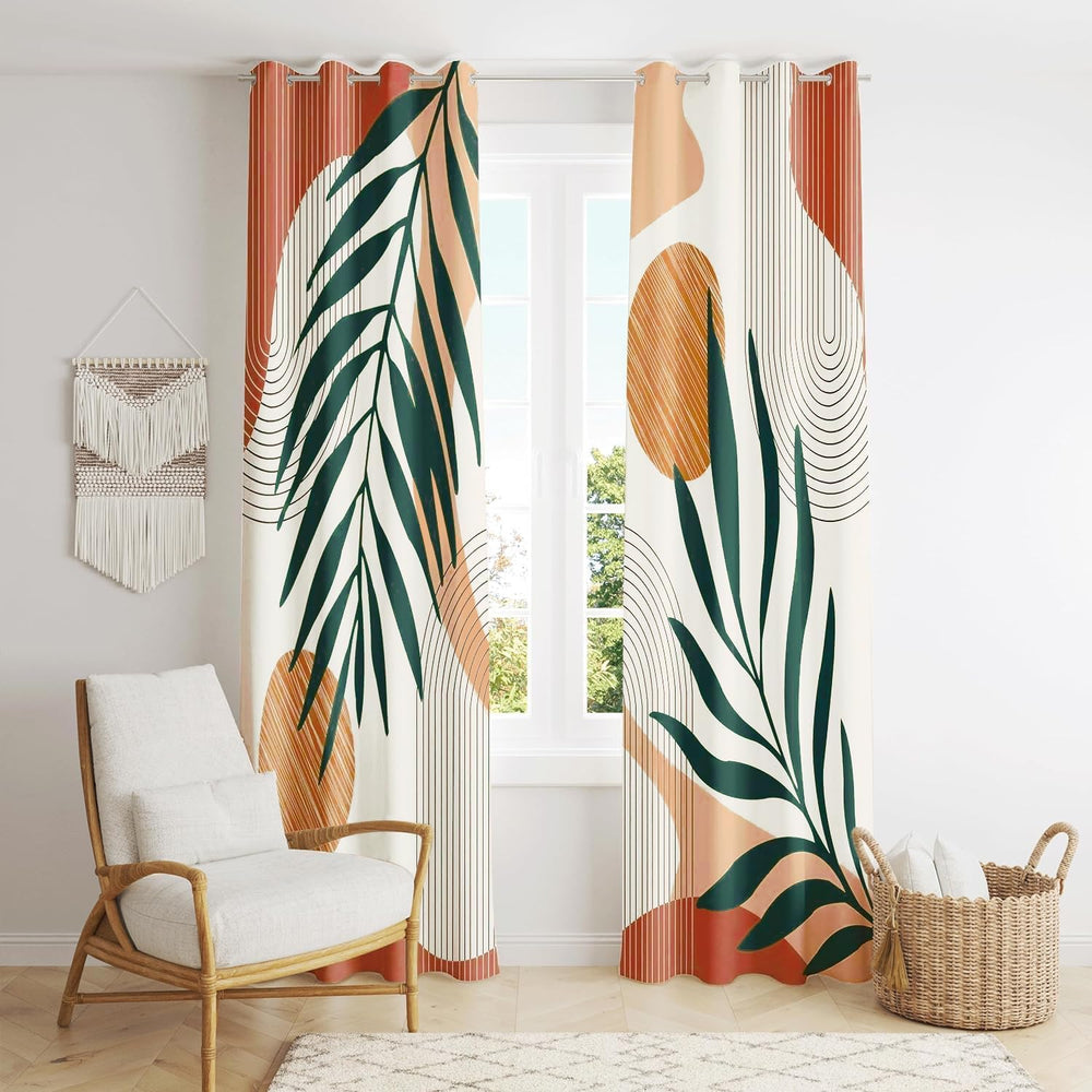 Mid Century Modern Boho Blackout Curtains, Leaf Print Drapes, 2 Panels