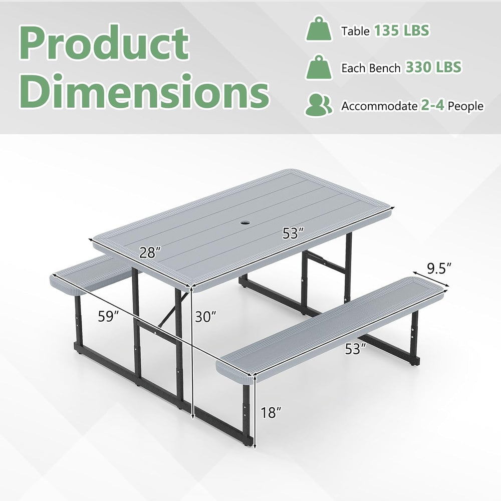 Tangkula Picnic Table, HDPE Outdoor Rectangular Table Bench Set with 2 Built-...