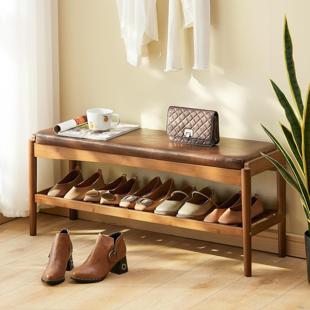 STDDRE Shoe Rack Bench Entryway Bamboo Shoe Storage Bench with Leather Cushio...