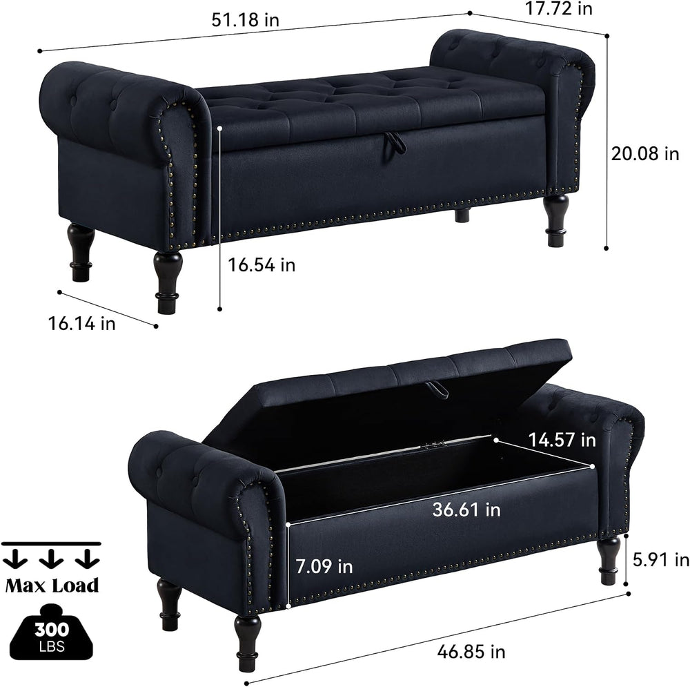 Storage Bench for Bedroom, 51" Upholstered End of Bed Bench, Velvet Quee...
