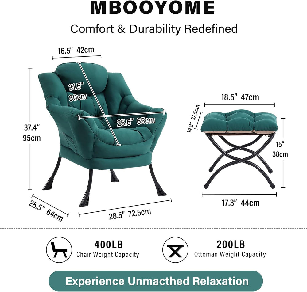 Modern Lazy Chair with Ottoman, Comfy Accent Reading Chair, Dark Green