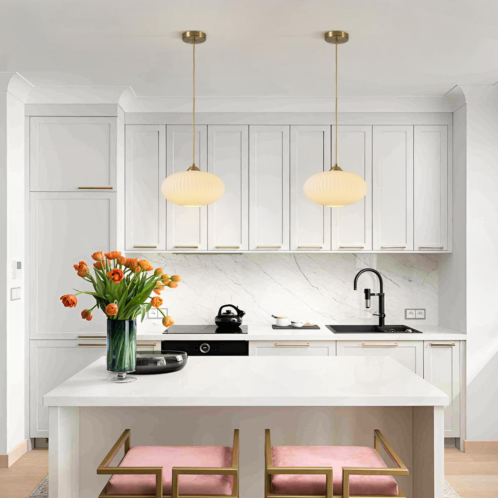 KCO Lighting Modern Gold Brass 9.8" White Milk Ribbed Glass Pendant Light