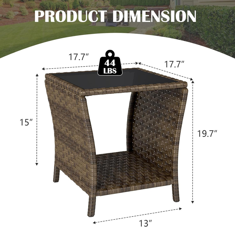 Outdoor Wicker Side Table, Rattan End Table, Glass Top,Patio Garden