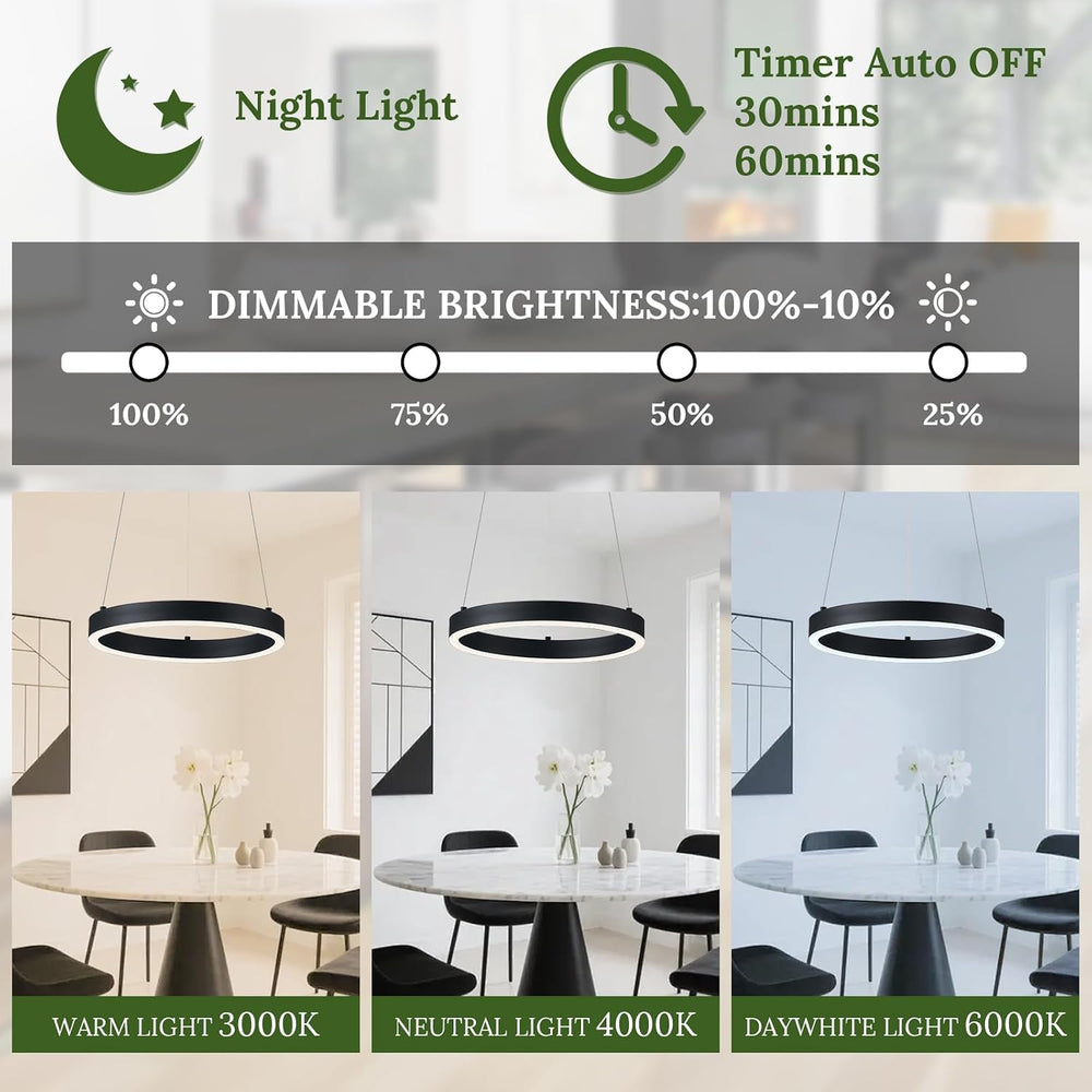 12in LED Ring Chandelier Black Modern Dimmable Pendant Light