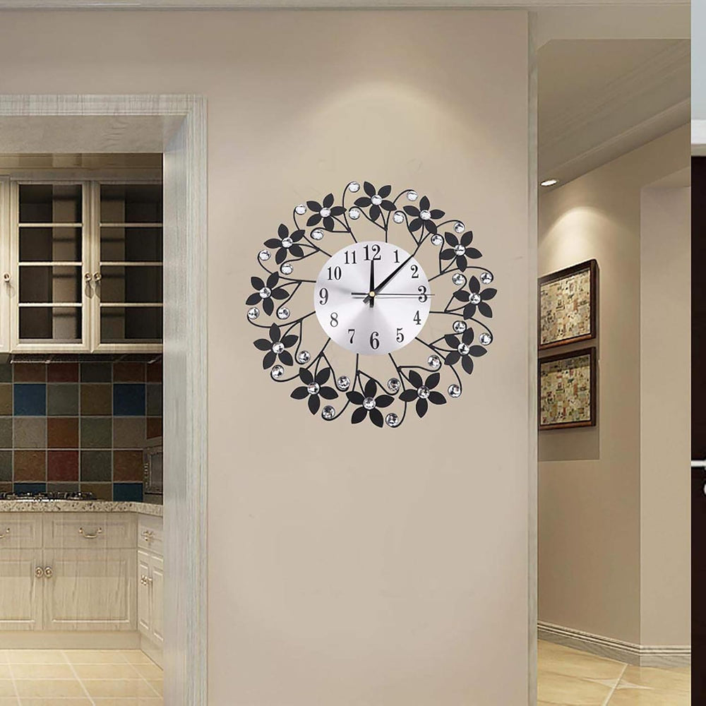 Battery Operated Black and Crystal Clock Wall Clock Decor Modern Metal Wall f...