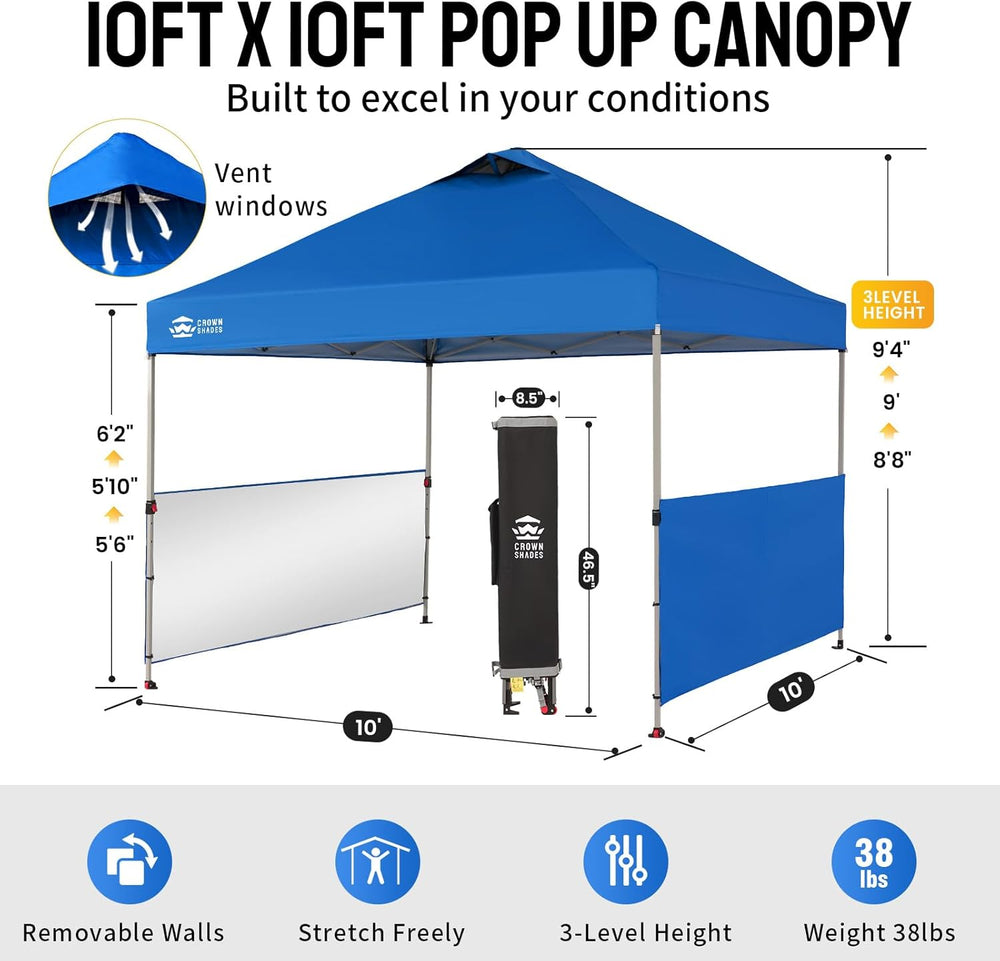 CROWN SHADES 10x10 Pop up Canopy Tent with 2 Half Sidewalls, Blue