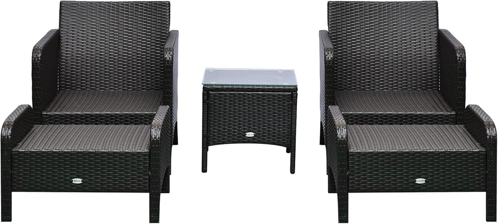 Outsunny 5 Pieces Rattan Wicker Lounge Chair 2 Ottomans Brown/Blue