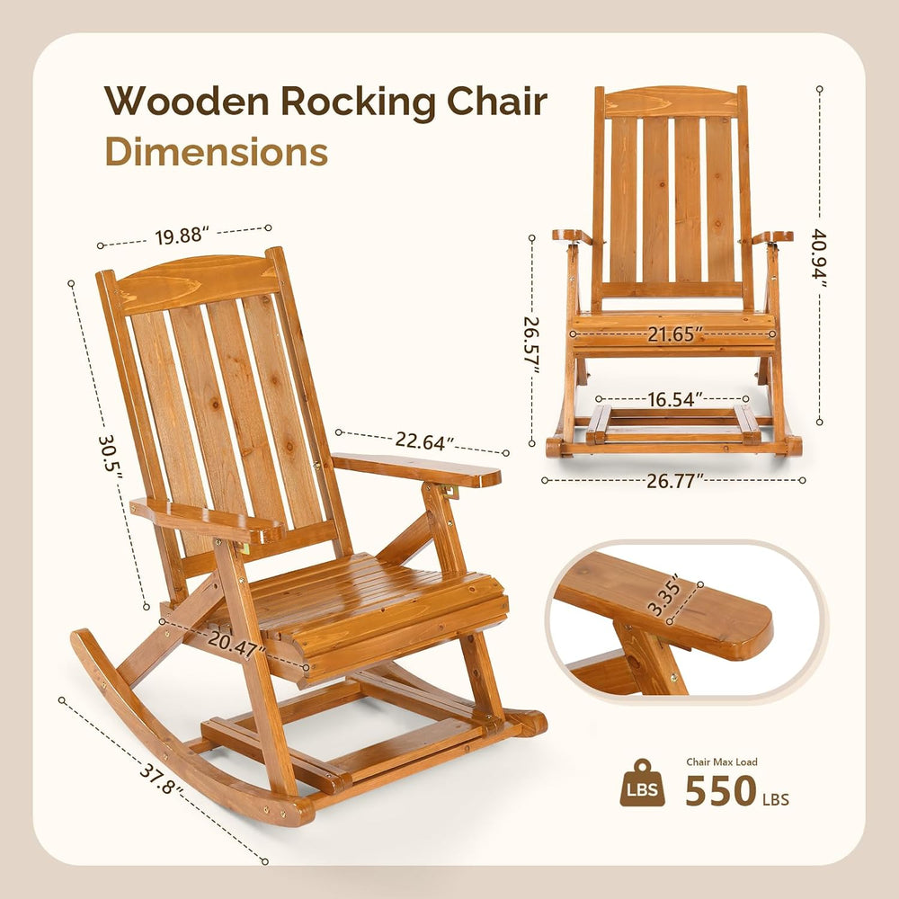 VINGLI Wooden Porch Rocking Chair, Heavy Duty Outdoor Rocking Chair with Retr...