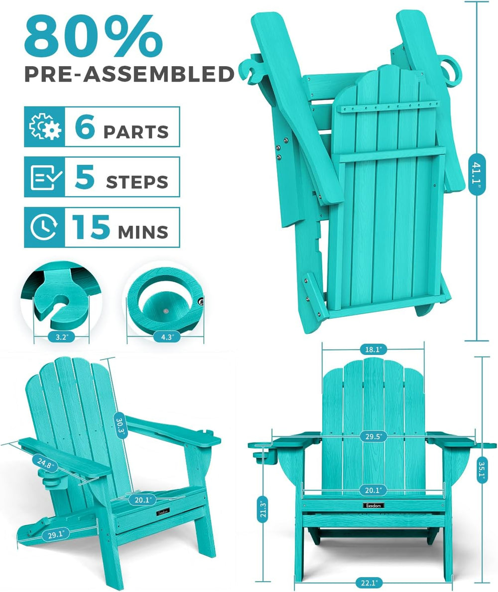 Folding Adirondack Chair, All-Weather HDPE Patio Chair with 2 Cup Holders