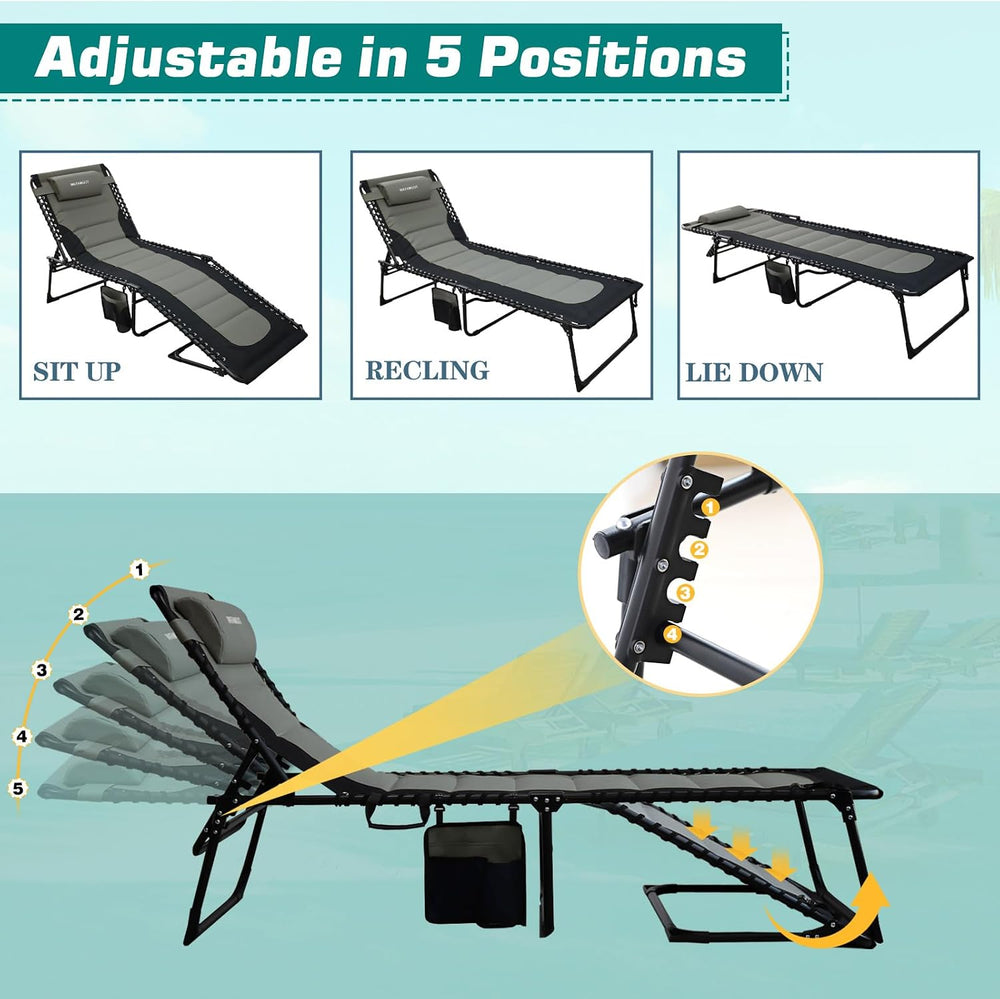 Outdoor Folding Lounge Chair Padded for Adults 264Ibs Patio Chaise Lounge Cha...