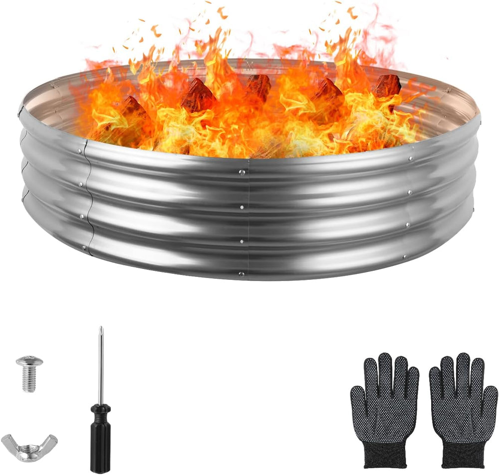 Raynesys 36" Round Galvanized Fire Pit Ring for Outdoor Wood Burning Silver