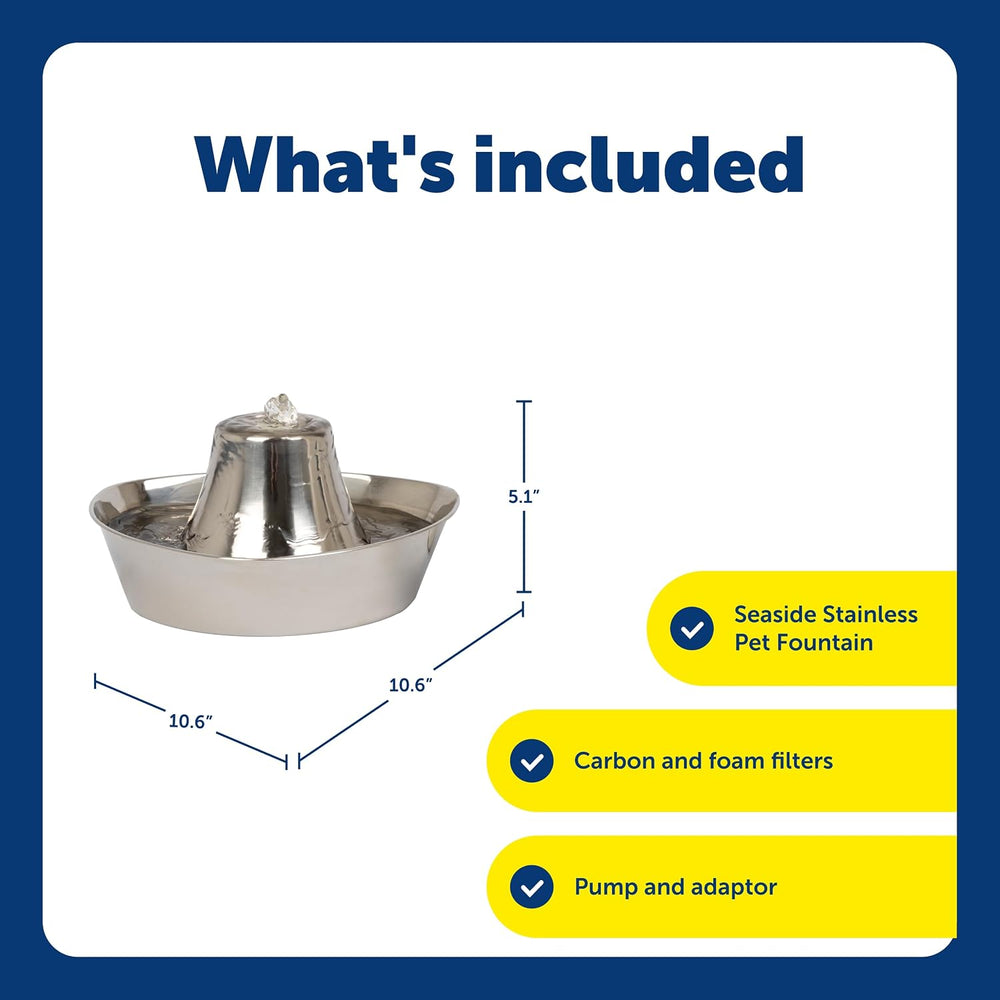 PetSafe Seaside Stainless Cat & Dog Fountain, 60 oz, 2 Filters & Pump